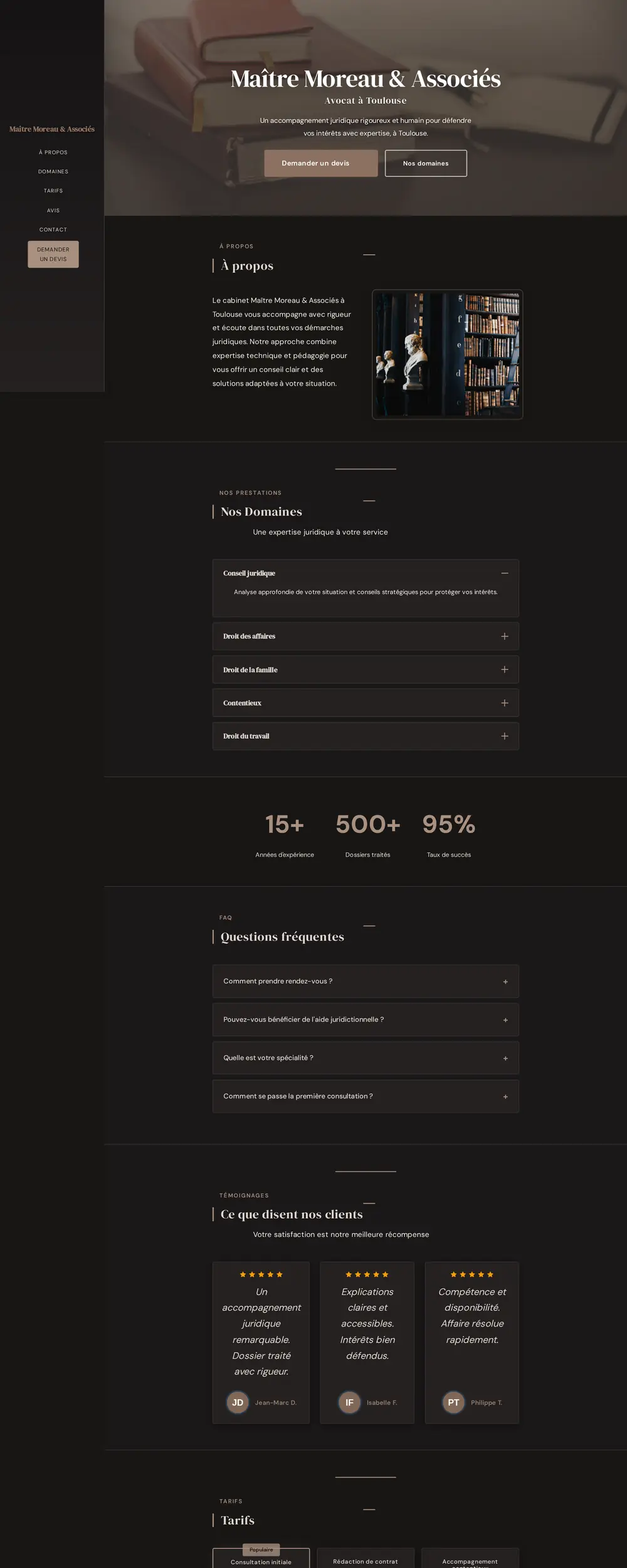 Screenshot of the Maître Moreau & Associés site, professional design with sidebar navigation, sober dark background and classic grid.