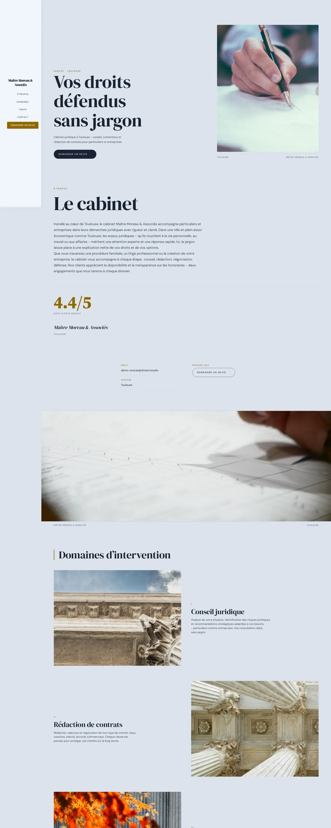 Capture d'écran du site Maître Moreau & Associés, design professionnel à navigation latérale, fond sombre sobre et grille classique.