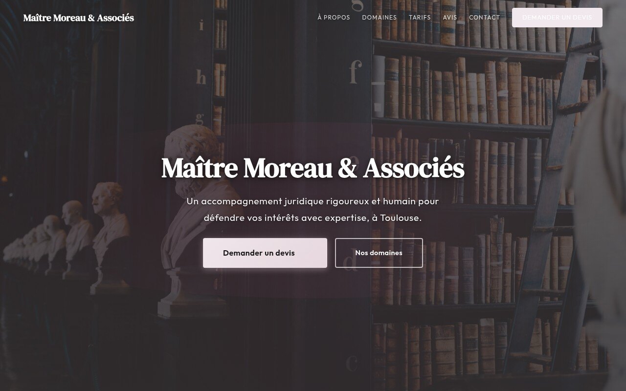 Screenshot of Maître Moreau & Associés website, editorial design with magazine layout, cool tones and classic typography