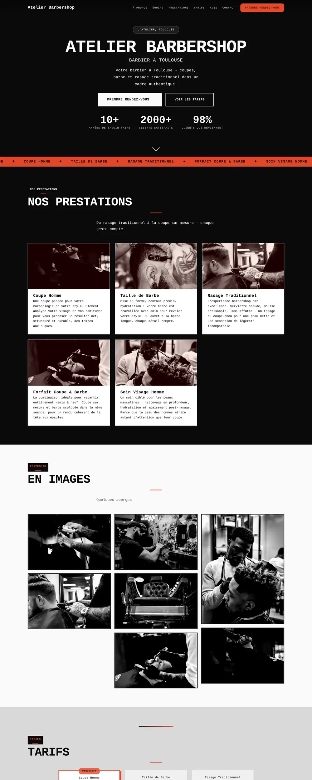 Capture d'écran du site Atelier Barbershop, design audacieux sur fond sombre, accents jaune ambré et typographie massive