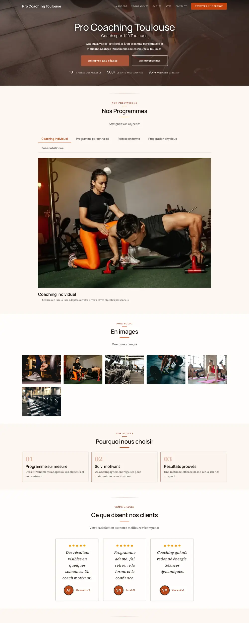 Capture d'écran du site Pro Coaching Toulouse, design compact et dense, hero color-block orange et CTA répétés.