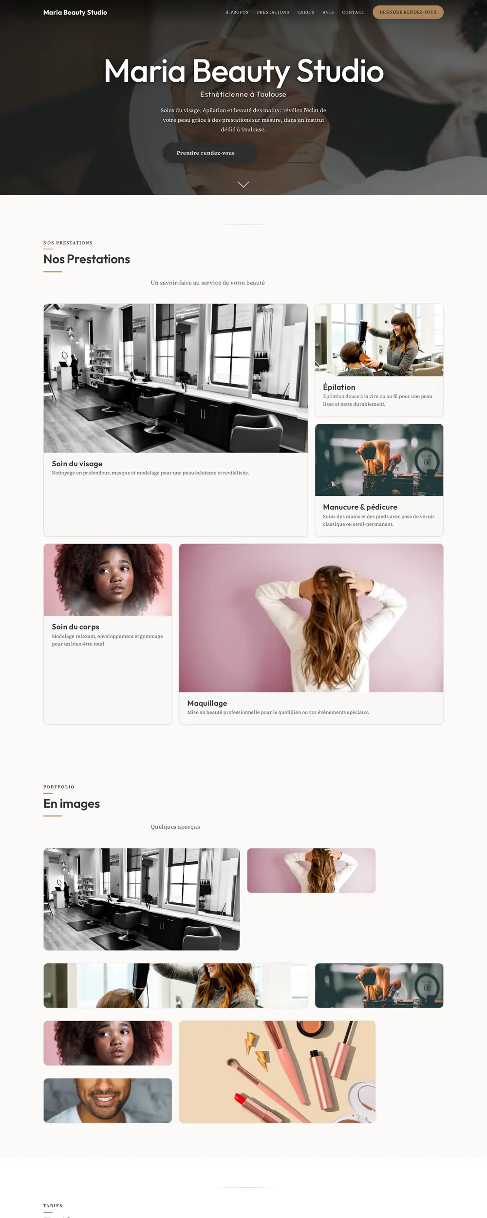 Capture d'écran du site Maria Beauty Studio, design boutique en tuiles bento modulaires, fonds neutres et arrondi doux.