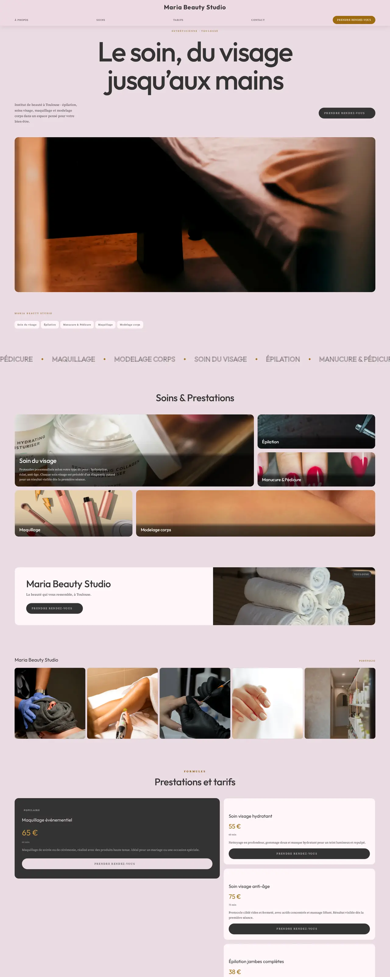 Capture d'écran du site Maria Beauty Studio, design boutique en tuiles bento modulaires, fonds neutres et arrondi doux.