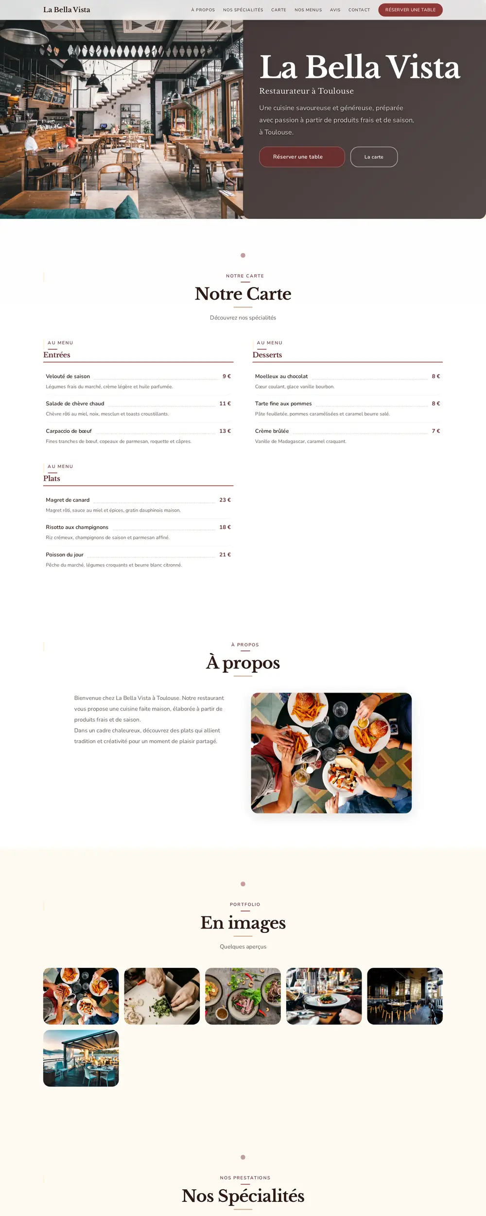 Capture d'écran du site La Bella Vista, design chaleureux aux tons chauds, carte gourmande et cards encadrées.