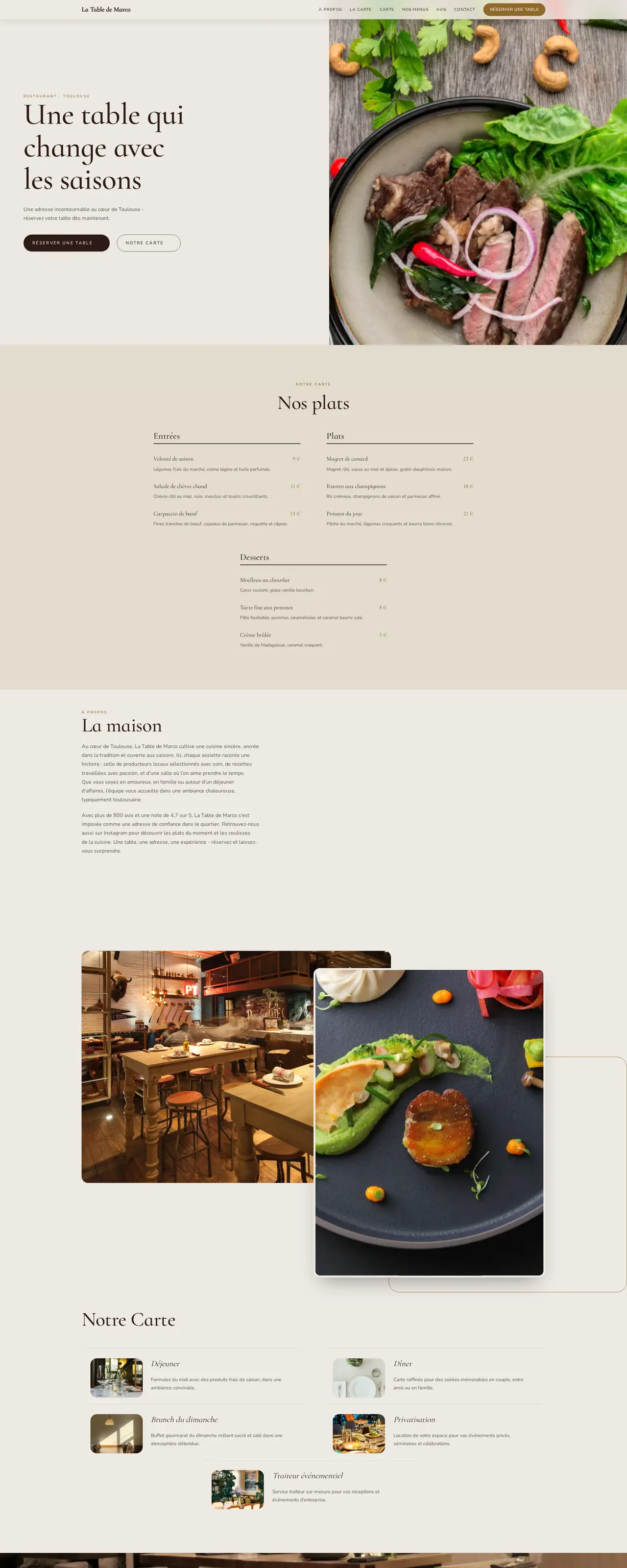 Capture d'écran du site La Table de Marco, design chaleureux aux tons chauds, carte gourmande et cards encadrées.