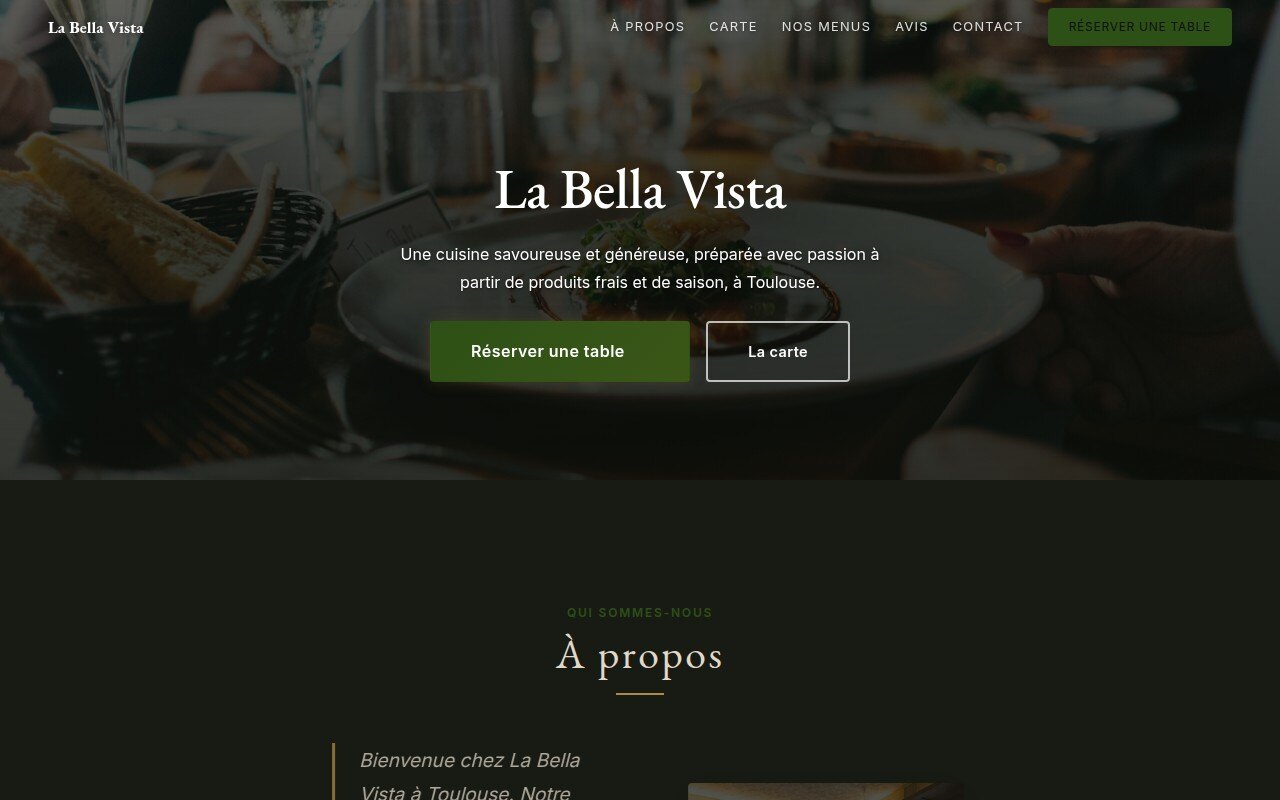 Screenshot of La Bella Vista website, warm design with warm tones, wavy dividers and grain textures