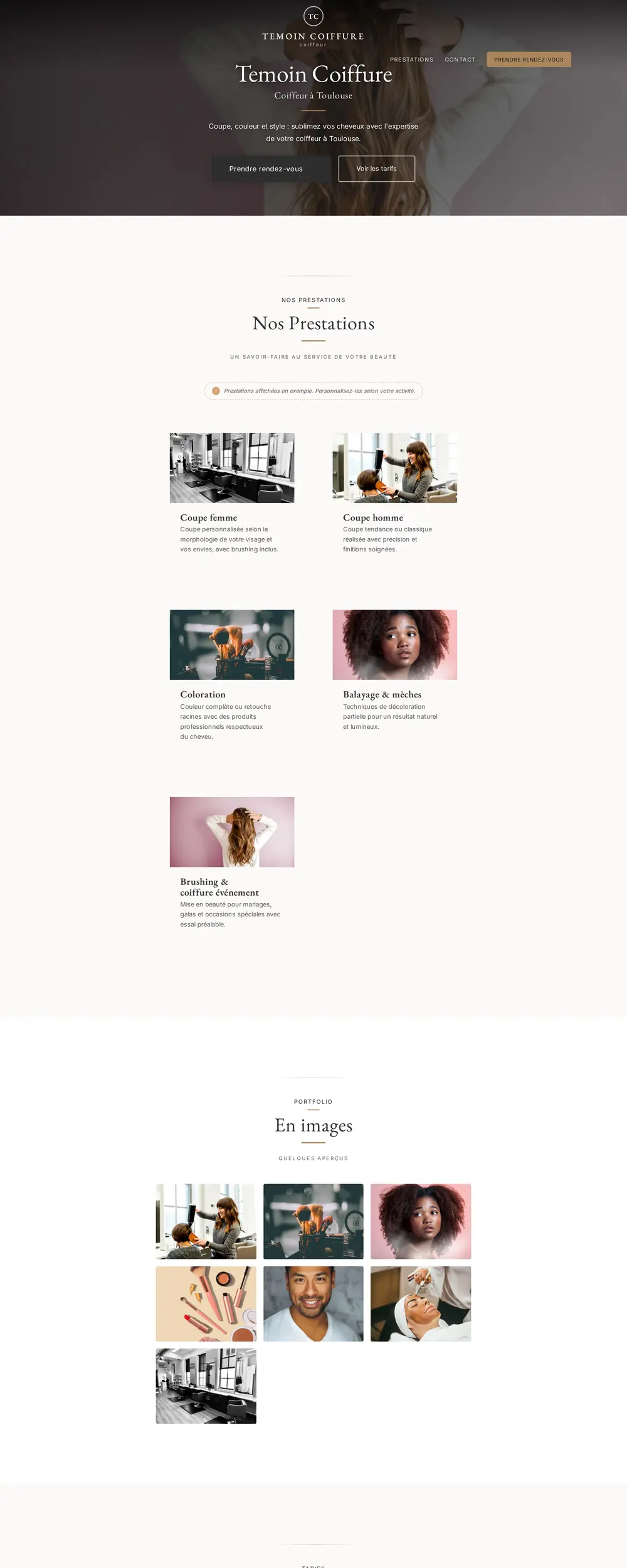 Screenshot of the Temoin Coiffure site, real live site, clean signature design, centered monogram and generous whitespace.